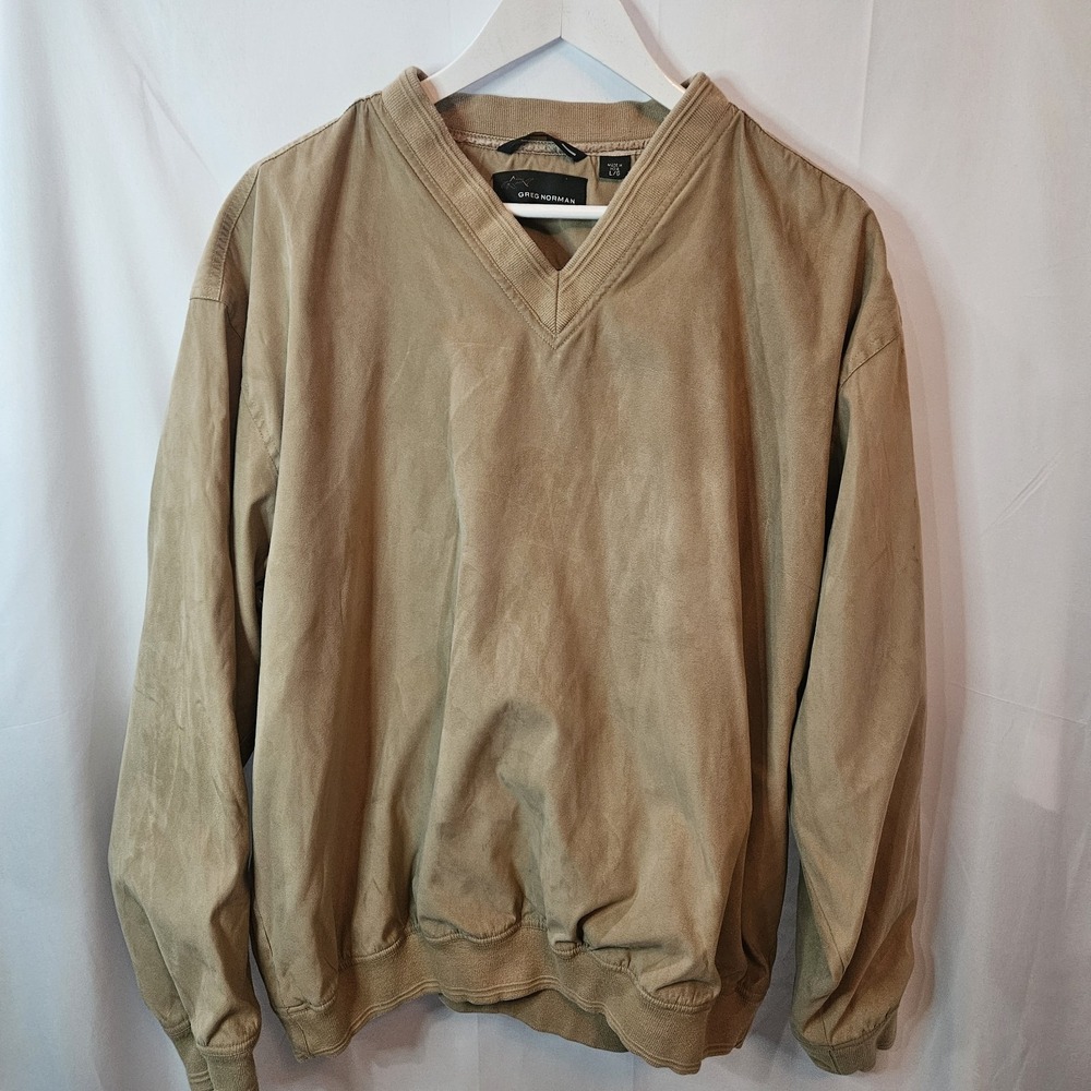 Greg Norman Wind Shirt Jacket Mns Sz L Beige V Neck Golf 90's Pockets Bottom Hem
